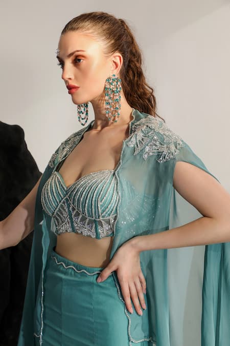 Shop_Jade By Ashima_Blue Net, Crepe Sequins, Cut Sirena Hand Embroidered Cape And Fish-cut Skirt Set _Online_at_Aza_Fashions