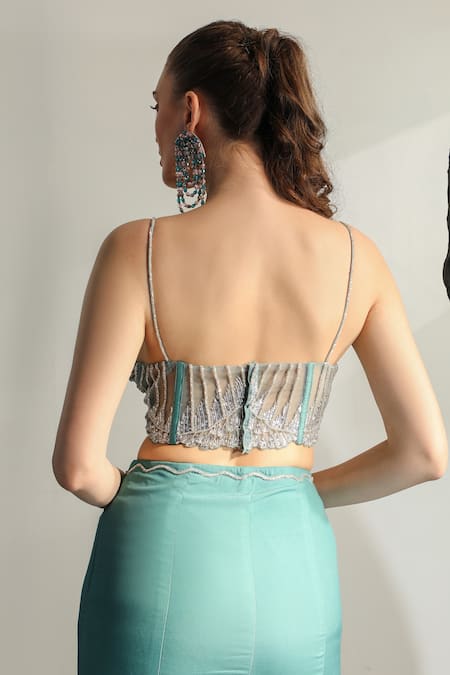 Jade By Ashima_Blue Net, Crepe Sequins, Cut Sirena Hand Embroidered Cape And Fish-cut Skirt Set _at_Aza_Fashions