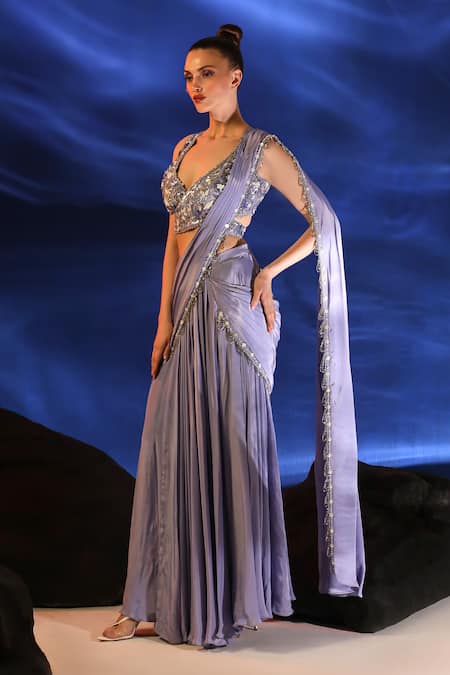 Buy_Jade By Ashima_Purple Crepe Sequins, Cut Work Asherah Pre-draped Saree With Embroidered Blouse _Online_at_Aza_Fashions