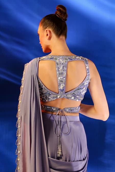 Jade By Ashima_Purple Crepe Sequins, Cut Work Asherah Pre-draped Saree With Embroidered Blouse _at_Aza_Fashions