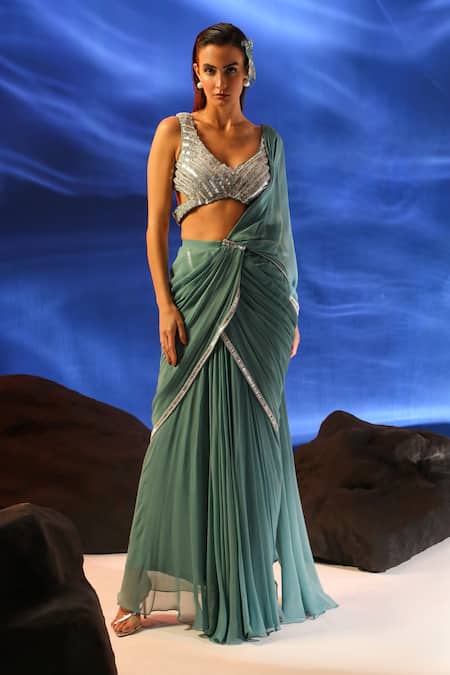 Jade By Ashima_Blue Crepe, Georgette Cut Work Light Tiffany Pre-draped Saree And Blouse _Online_at_Aza_Fashions