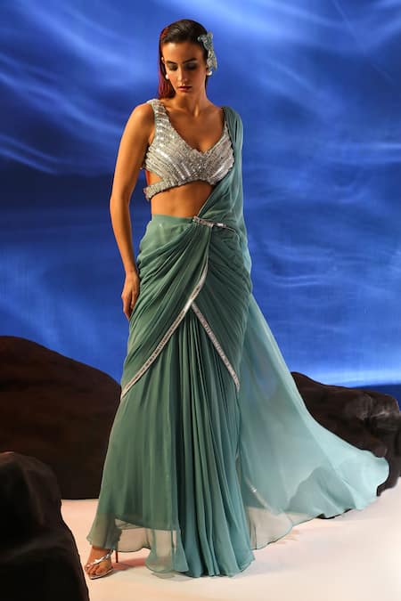 Buy_Jade By Ashima_Blue Crepe, Georgette Cut Work Light Tiffany Pre-draped Saree And Blouse _Online_at_Aza_Fashions
