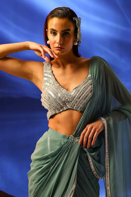 Shop_Jade By Ashima_Blue Crepe, Georgette Cut Work Light Tiffany Pre-draped Saree And Blouse _Online_at_Aza_Fashions