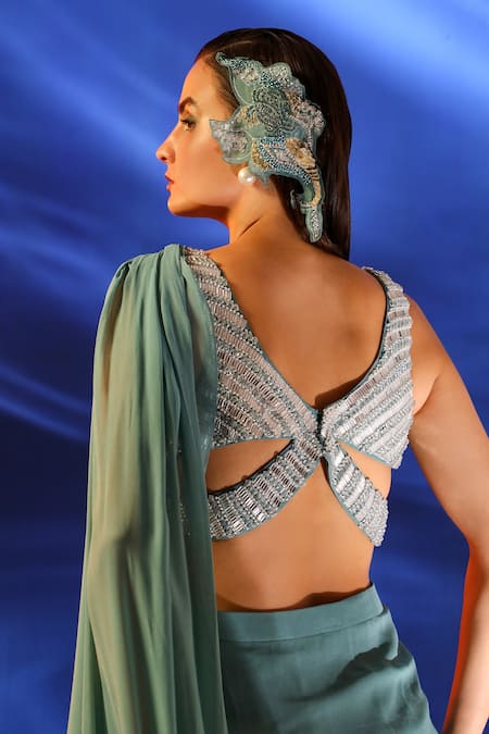 Jade By Ashima_Blue Crepe, Georgette Cut Work Light Tiffany Pre-draped Saree And Blouse _at_Aza_Fashions