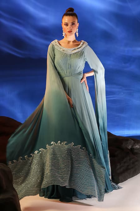 Jade By Ashima_Blue Georgette Sequins, Beads Boat Neck Darya Cape Sleeve Gown _Online_at_Aza_Fashions