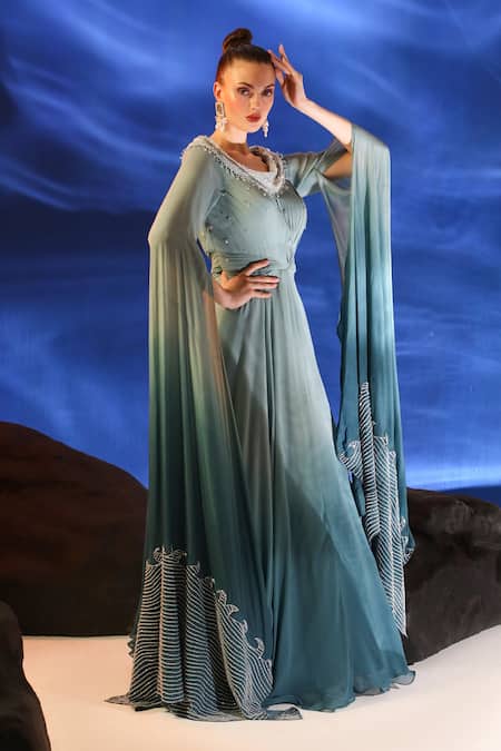 Buy_Jade By Ashima_Blue Georgette Sequins, Beads Boat Neck Darya Cape Sleeve Gown _Online_at_Aza_Fashions