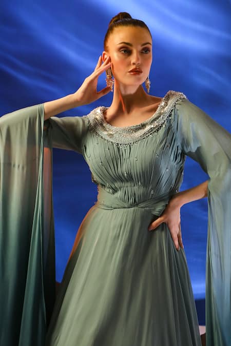 Shop_Jade By Ashima_Blue Georgette Sequins, Beads Boat Neck Darya Cape Sleeve Gown _Online_at_Aza_Fashions