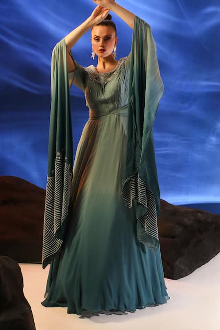 Jade By Ashima_Blue Georgette Sequins, Beads Boat Neck Darya Cape Sleeve Gown _at_Aza_Fashions