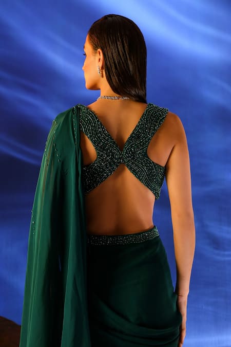 Jade By Ashima_Green Georgette, Crepe Cut Work Celia Pre-draped Saree With Embroidered Blouse _at_Aza_Fashions