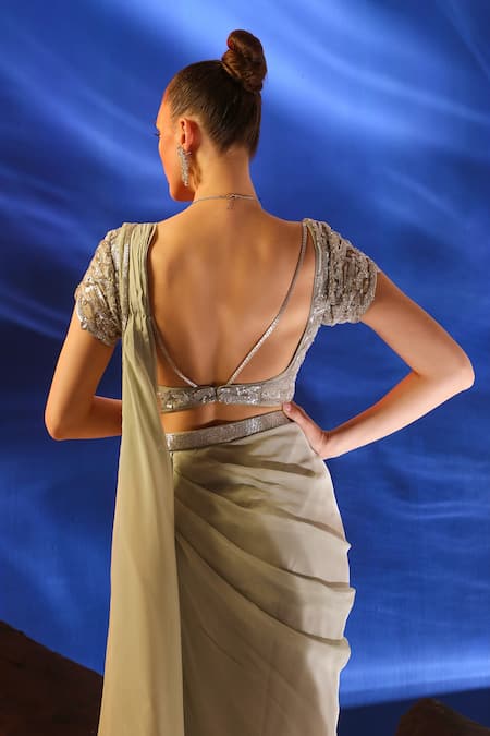 Shop_Jade By Ashima_Green Organza, Georgette Nerissa Pre-draped Saree With Cutdana Blouse _Online_at_Aza_Fashions