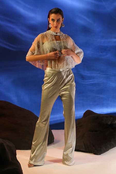 Jade By Ashima_Grey Georgette, Lycra Cut Work, Sequins, Kelpie Hand Embroidered Cape And Pant Set _Online_at_Aza_Fashions