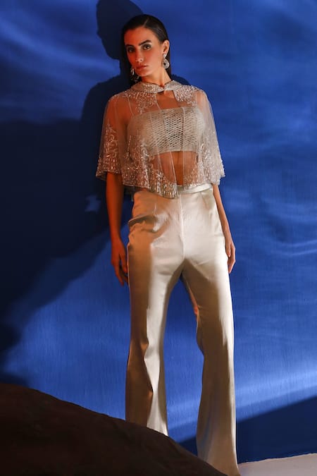 Buy_Jade By Ashima_Grey Georgette, Lycra Cut Work, Sequins, Kelpie Hand Embroidered Cape And Pant Set _Online_at_Aza_Fashions