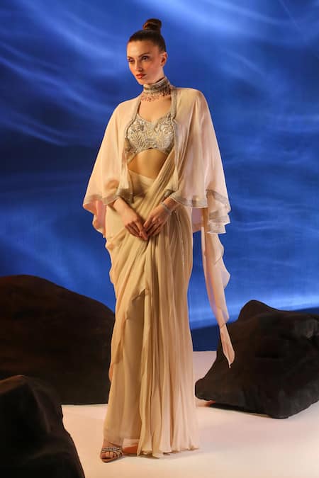 Jade By Ashima_Peach Crepe, Georgette Embroidery, Sequins Ceto Pre-draped Saree With Blouse _Online_at_Aza_Fashions