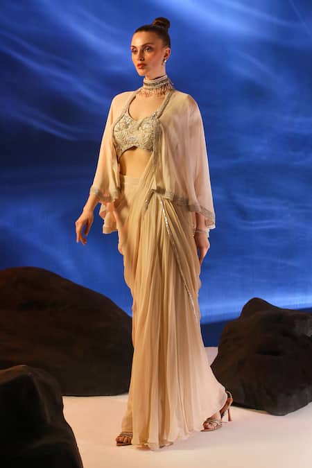 Buy_Jade By Ashima_Peach Crepe, Georgette Embroidery, Sequins Ceto Pre-draped Saree With Blouse _Online_at_Aza_Fashions