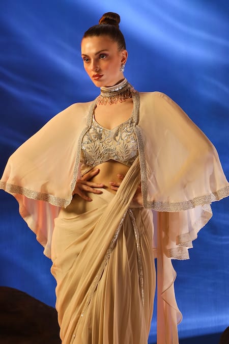 Shop_Jade By Ashima_Peach Crepe, Georgette Embroidery, Sequins Ceto Pre-draped Saree With Blouse _Online_at_Aza_Fashions