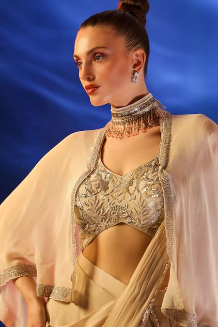 Jade By Ashima_Peach Crepe, Georgette Embroidery, Sequins Ceto Pre-draped Saree With Blouse _at_Aza_Fashions