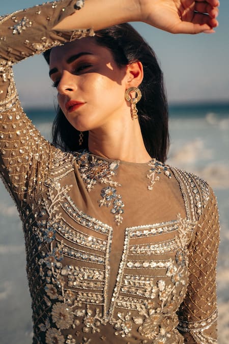 Buy Sahil Kochhar Green Net Embroidered Floral Patterns Round Jafar Bodycon Dress Online at Aza Fashions Buy_Sahil Kochhar_Green Net Embroidered Floral Patterns Round Jafar Bodycon Dress _Online_at_Aza_Fashions