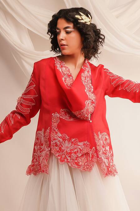 Jajaabor Coral Silk Organza Embroidery Athena Cowl Neck Jacket Online at Aza Fashions Jajaabor_Coral Silk Organza Embroidery Athena Cowl Neck Jacket _Online_at_Aza_Fashions