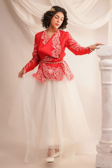 Buy Jajaabor Coral Silk Organza Embroidery Athena Cowl Neck Jacket Online at Aza Fashions Buy_Jajaabor_Coral Silk Organza Embroidery Athena Cowl Neck Jacket _Online_at_Aza_Fashions