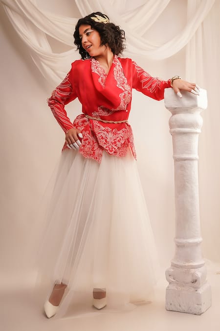 Shop Jajaabor Coral Silk Organza Embroidery Athena Cowl Neck Jacket Online at Aza Fashions Shop_Jajaabor_Coral Silk Organza Embroidery Athena Cowl Neck Jacket _Online_at_Aza_Fashions