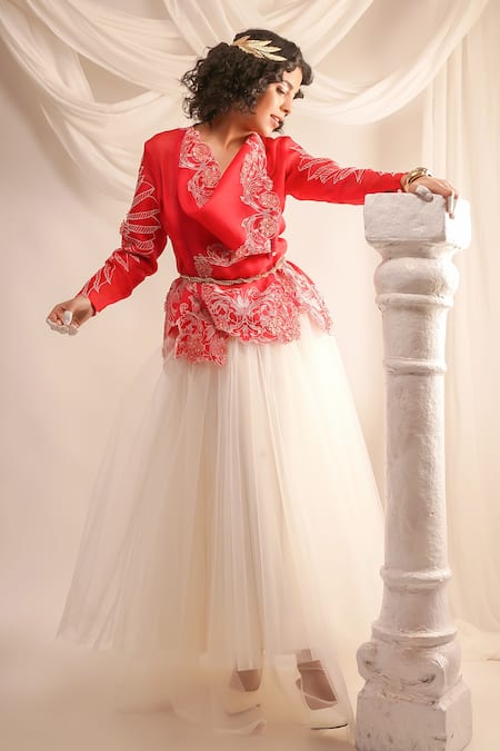 Jajaabor Coral Silk Organza Embroidery Athena Cowl Neck Jacket at Aza Fashions Jajaabor_Coral Silk Organza Embroidery Athena Cowl Neck Jacket _at_Aza_Fashions