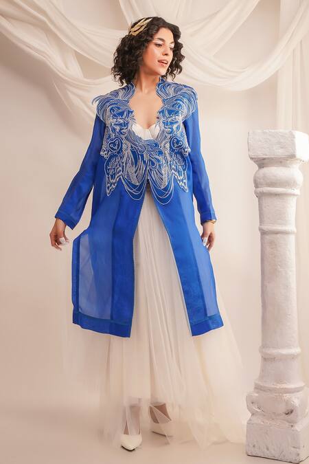 Jajaabor Blue Silk Organza Embroidery Athena Open Long Jacket Online at Aza Fashions Jajaabor_Blue Silk Organza Embroidery Athena Open Long Jacket _Online_at_Aza_Fashions
