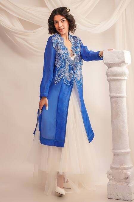 Buy Jajaabor Blue Silk Organza Embroidery Athena Open Long Jacket Online at Aza Fashions Buy_Jajaabor_Blue Silk Organza Embroidery Athena Open Long Jacket _Online_at_Aza_Fashions