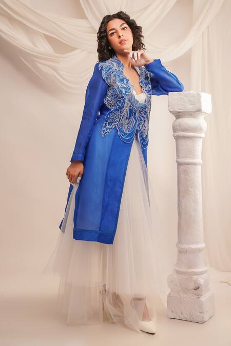 Jajaabor Blue Silk Organza Embroidery Athena Open Long Jacket at Aza Fashions Jajaabor_Blue Silk Organza Embroidery Athena Open Long Jacket _at_Aza_Fashions