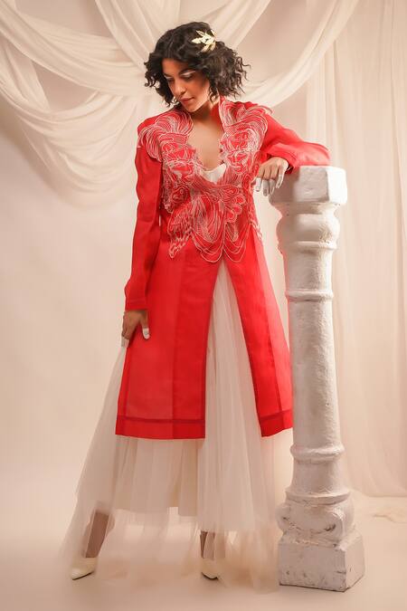 Jajaabor Pink Silk Organza Embroidery Athena Open Full Sleeve Jacket Online at Aza Fashions Jajaabor_Pink Silk Organza Embroidery Athena Open Full Sleeve Jacket _Online_at_Aza_Fashions