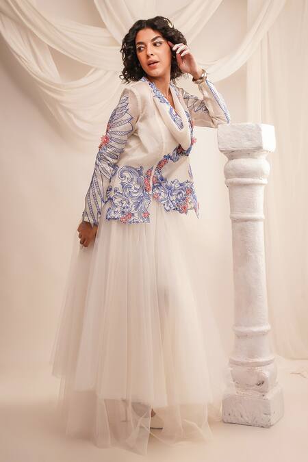 Jajaabor Ivory Silk Organza Embroidery Athena Cowl Neck Full Sleeve Jacket at Aza Fashions Jajaabor_Ivory Silk Organza Embroidery Athena Cowl Neck Full Sleeve Jacket _at_Aza_Fashions