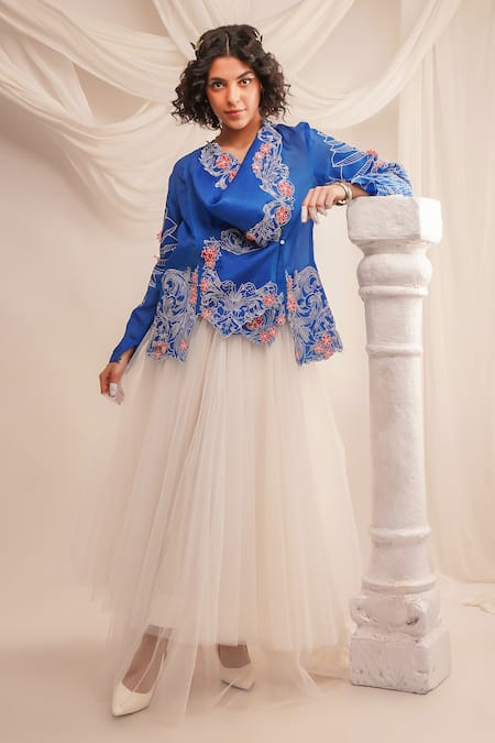 Jajaabor Blue Silk Organza Embroidery Athena Cowl Neck Jacket Online at Aza Fashions Jajaabor_Blue Silk Organza Embroidery Athena Cowl Neck Jacket _Online_at_Aza_Fashions