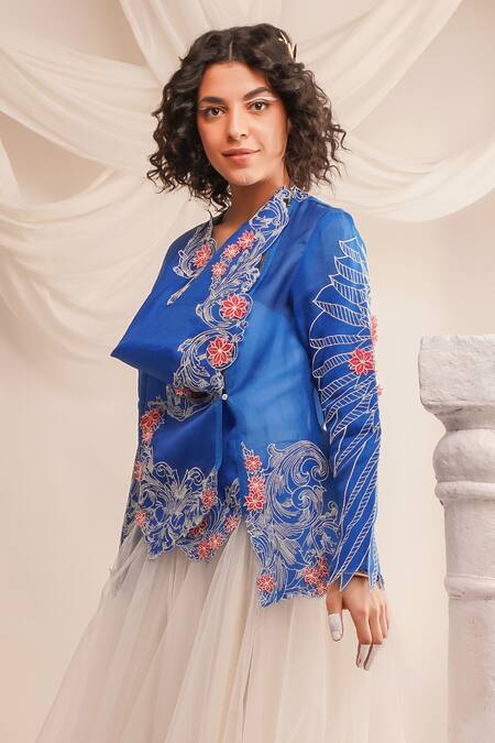 Shop Jajaabor Blue Silk Organza Embroidery Athena Cowl Neck Jacket Online at Aza Fashions Shop_Jajaabor_Blue Silk Organza Embroidery Athena Cowl Neck Jacket _Online_at_Aza_Fashions