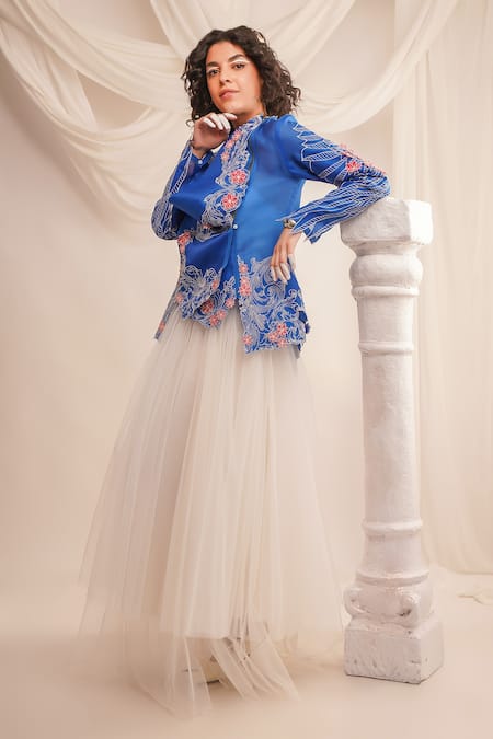 Jajaabor Blue Silk Organza Embroidery Athena Cowl Neck Jacket at Aza Fashions Jajaabor_Blue Silk Organza Embroidery Athena Cowl Neck Jacket _at_Aza_Fashions