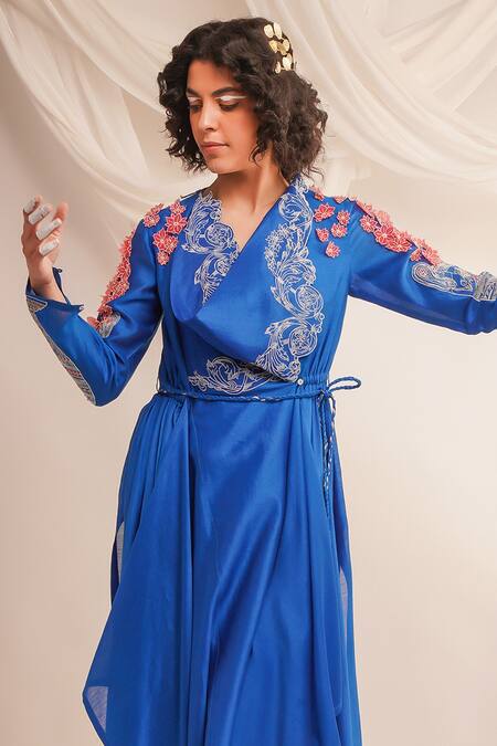 Jajaabor Blue Silk Organza, Satin, Embroidery Cowl Neck Angrakha And Pant Set Online at Aza Fashions Jajaabor_Blue Silk Organza, Satin, Embroidery Cowl Neck Angrakha And Pant Set _Online_at_Aza_Fashions