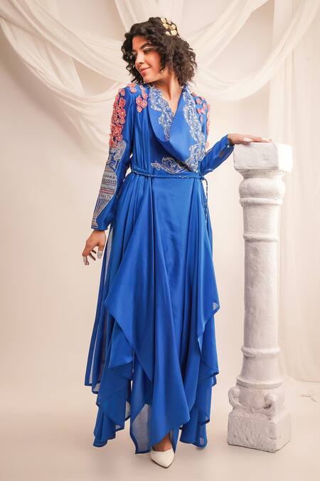 Shop Jajaabor Blue Silk Organza, Satin, Embroidery Cowl Neck Angrakha And Pant Set Online at Aza Fashions Shop_Jajaabor_Blue Silk Organza, Satin, Embroidery Cowl Neck Angrakha And Pant Set _Online_at_Aza_Fashions