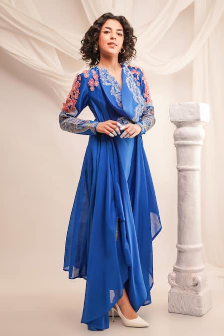 Jajaabor Blue Silk Organza, Satin, Embroidery Cowl Neck Angrakha And Pant Set at Aza Fashions Jajaabor_Blue Silk Organza, Satin, Embroidery Cowl Neck Angrakha And Pant Set _at_Aza_Fashions
