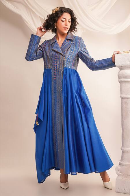 Jajaabor Blue Silk Chanderi Embroidery Geometric Notched Textured Anarkali And Pant Set Online at Aza Fashions Jajaabor_Blue Silk Chanderi Embroidery Geometric Notched Textured Anarkali And Pant Set _Online_at_Aza_Fashions
