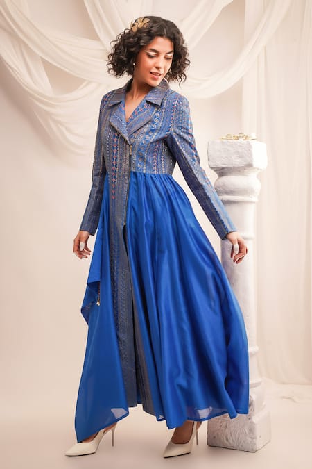 Buy Jajaabor Blue Silk Chanderi Embroidery Geometric Notched Textured Anarkali And Pant Set Online at Aza Fashions Buy_Jajaabor_Blue Silk Chanderi Embroidery Geometric Notched Textured Anarkali And Pant Set _Online_at_Aza_Fashions