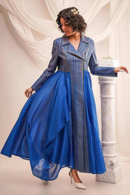 Shop Jajaabor Blue Silk Chanderi Embroidery Geometric Notched Textured Anarkali And Pant Set Online at Aza Fashions Shop_Jajaabor_Blue Silk Chanderi Embroidery Geometric Notched Textured Anarkali And Pant Set _Online_at_Aza_Fashions