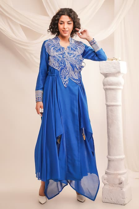 Jajaabor Blue Cotton, Silk Tassels V-neck Applique Embroidered Angrakha And Pant Set Online at Aza Fashions Jajaabor_Blue Cotton, Silk Tassels V-neck Applique Embroidered Angrakha And Pant Set _Online_at_Aza_Fashions