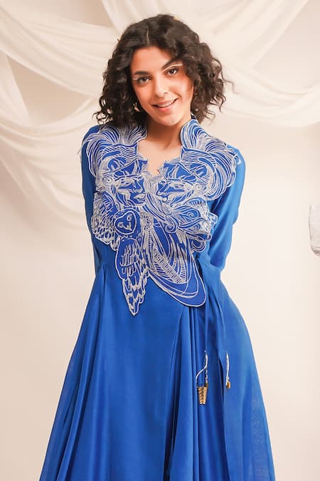 Shop Jajaabor Blue Cotton, Silk Tassels V-neck Applique Embroidered Angrakha And Pant Set Online at Aza Fashions Shop_Jajaabor_Blue Cotton, Silk Tassels V-neck Applique Embroidered Angrakha And Pant Set _Online_at_Aza_Fashions