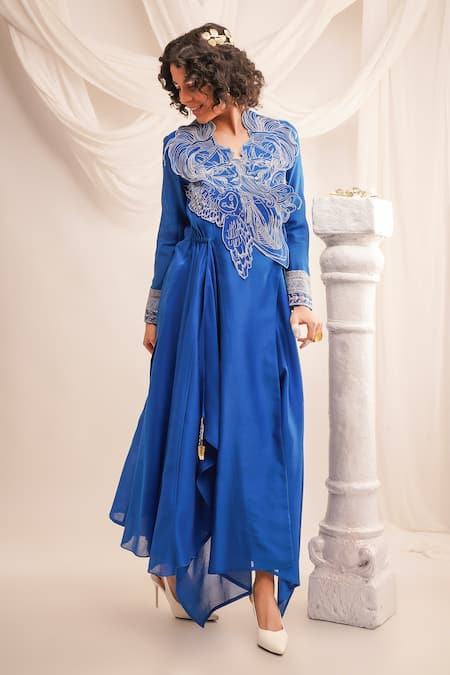 Jajaabor Blue Cotton, Silk Tassels V-neck Applique Embroidered Angrakha And Pant Set at Aza Fashions Jajaabor_Blue Cotton, Silk Tassels V-neck Applique Embroidered Angrakha And Pant Set _at_Aza_Fashions