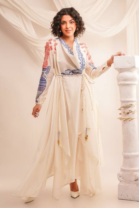 Jajaabor Ivory Silk Organza, Satin, Floral Applique Angrakha And Pant Set Online at Aza Fashions Jajaabor_Ivory Silk Organza, Satin, Floral Applique Angrakha And Pant Set _Online_at_Aza_Fashions