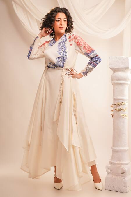 Jajaabor Ivory Silk Organza, Satin, Floral Applique Angrakha And Pant Set at Aza Fashions Jajaabor_Ivory Silk Organza, Satin, Floral Applique Angrakha And Pant Set _at_Aza_Fashions