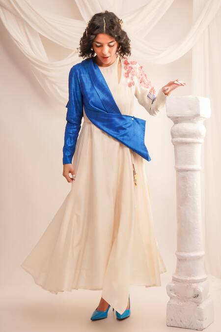 Jajaabor_Blue Silk Chanderi Embroidery Ivory Round Floral Applique Angrakha Pant Set _Online_at_Aza_Fashions