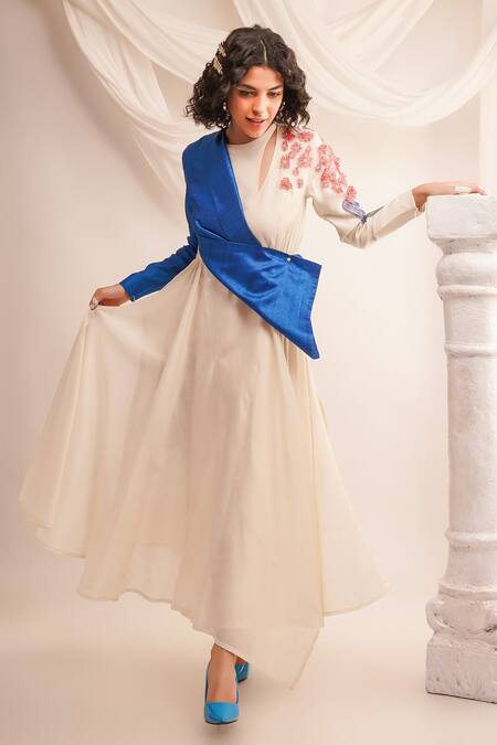 Shop_Jajaabor_Blue Silk Chanderi Embroidery Ivory Round Floral Applique Angrakha Pant Set _Online_at_Aza_Fashions