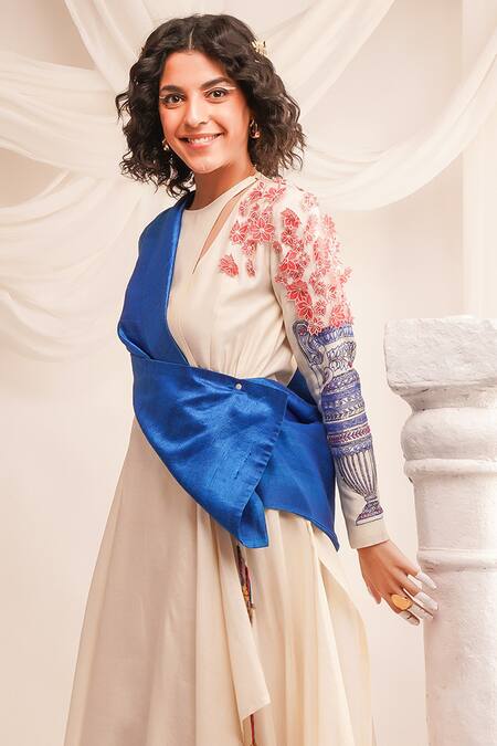 Jajaabor_Blue Silk Chanderi Embroidery Ivory Round Floral Applique Angrakha Pant Set _at_Aza_Fashions