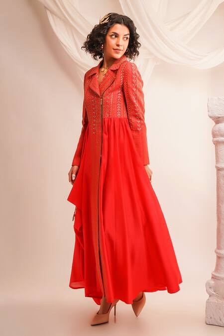 Shop Jajaabor Coral Silk Chanderi Embroidery Geometric Notched Bodice Anarkali And Pant Set Online at Aza Fashions Shop_Jajaabor_Coral Silk Chanderi Embroidery Geometric Notched Bodice Anarkali And Pant Set _Online_at_Aza_Fashions