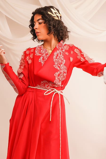 Jajaabor Coral Silk Chanderi Embroidery Athena Cowl Neck Bodice Angrakha And Pant Set Online at Aza Fashions Jajaabor_Coral Silk Chanderi Embroidery Athena Cowl Neck Bodice Angrakha And Pant Set _Online_at_Aza_Fashions