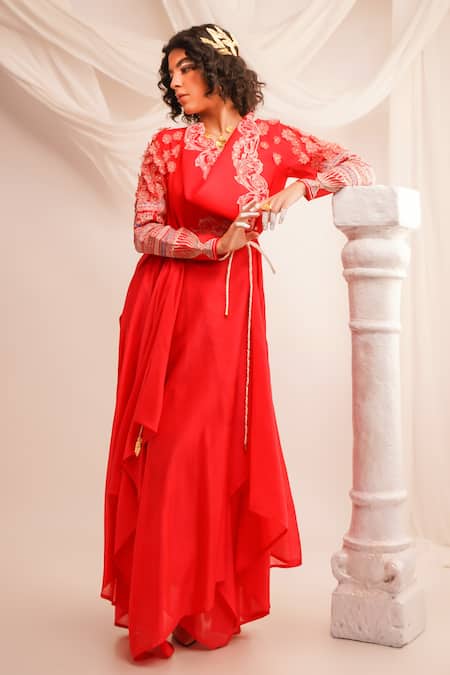 Buy Jajaabor Coral Silk Chanderi Embroidery Athena Cowl Neck Bodice Angrakha And Pant Set Online at Aza Fashions Buy_Jajaabor_Coral Silk Chanderi Embroidery Athena Cowl Neck Bodice Angrakha And Pant Set _Online_at_Aza_Fashions